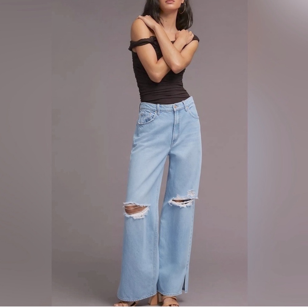 Mother SNACKS Wide Leg Jeans Distressed The Fun Dip Puddle Slice Size 29